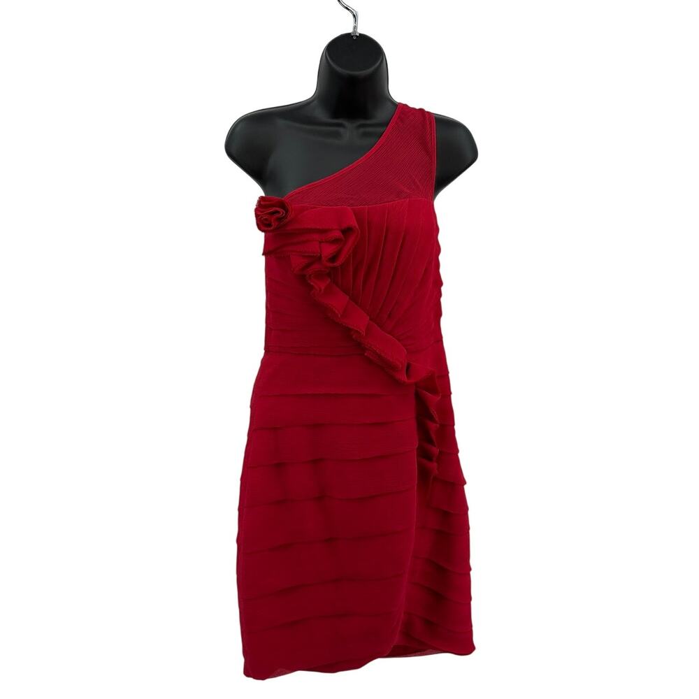Max and Cleo Mini Dress WMNS SZ 6 Red Crimson One Shoulder Ruffle Tiered Pleated